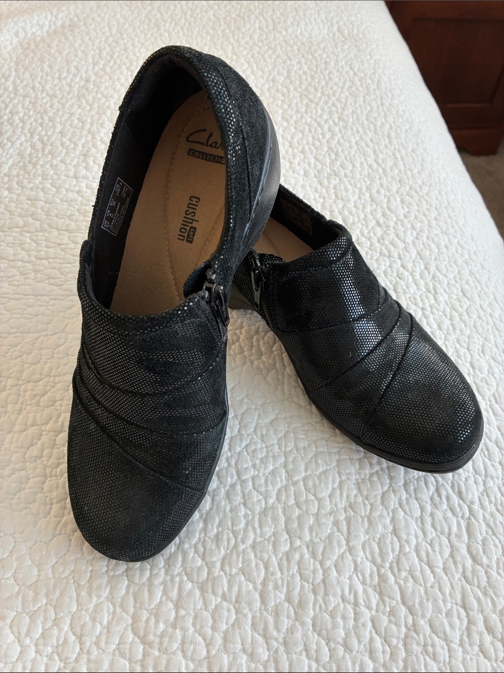 Clarks Women’s Black Slip-On Loafers with Side Zipper